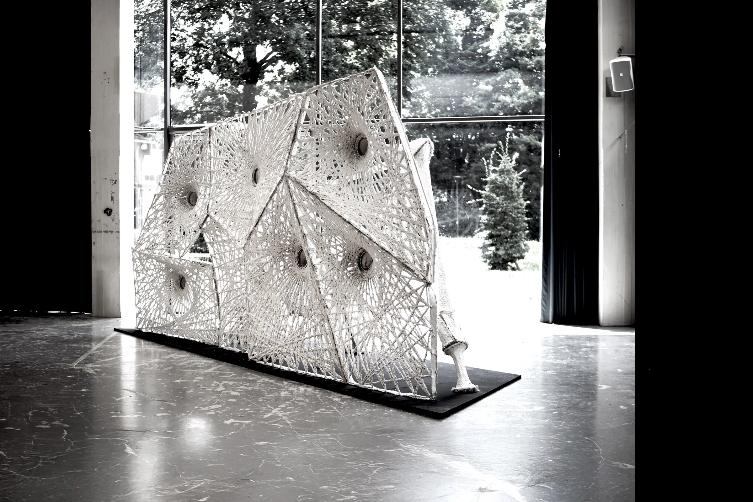 Sprayed cellulose wall prototype photographed in the workshop.